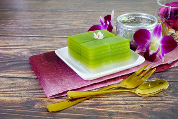 Thai dessert : Steamed Layer sweet cake (or Khanom Chan) Thai traditional dessert (Green Pandan...