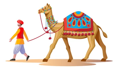 Fotobehang rajasthan man walking with camels in desert vector © movinglines.studio