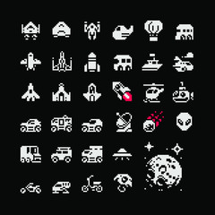 1-bit transport icons set. Airplane, fighter, helicopter, bus, rocket, ship and car, bike, motorcycle, space, comet, satellite. Design for app, logo, sticker, web. Pixel art vector illustration.