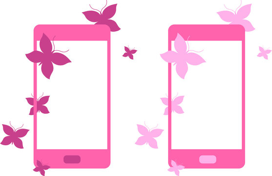 Pink romantic smartphone surrounded by dark pink or light pink butterflies, round home button, two kinds, vector graphics, illustration
