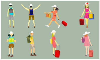 People going travel with luggage and backpack. Travel and transportation theme vector illustration.