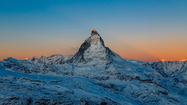 Sunrise timelapse of the iconic Matterhorn in Switzerland 4K. View from Gornergrat. 