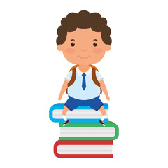 cute little student boy seated in books character