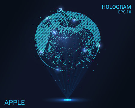 A hologram of an Apple. Holographic projection of an Apple. Flickering energy flux of particles. Scientific fruit design.