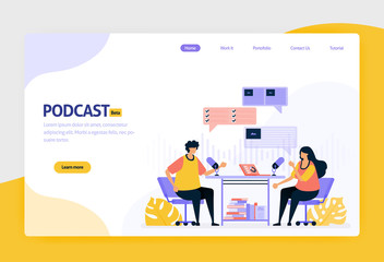 Obraz na płótnie Canvas landing page vector flat design illustration of podcast broadcasting. internet technology, modern public interview and online reporting with audio. for websites, mobile apps, banner, flyer, brochure