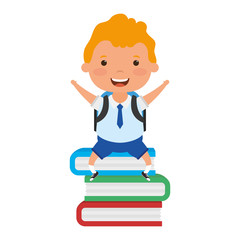 cute blond student boy seated in books character