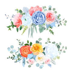 Dusty blue, orange, yellow, coral flowers vector wedding bouquets
