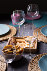 Bread toasts on a prepared tableware