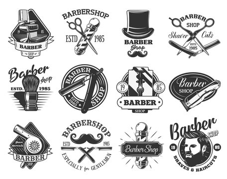 Barbershop retro vector icons. Hair cutting, beard and mustache shaving, pole of barber shop, straight razor and hipster man head, gentleman hairdresser chair, grooming shaver, scissors