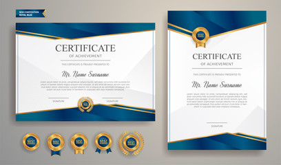 Premium gold and blue certificate of appreciation template, clean modern design with gold badge