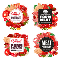 Meat and sausage, butcher shop. Vector frame of sausages, pork and beef, salami and ham, chicken or turkey poultry, seasonings. Steaks and bacon, gammon, mutton, lettuce leaves and tomatoes