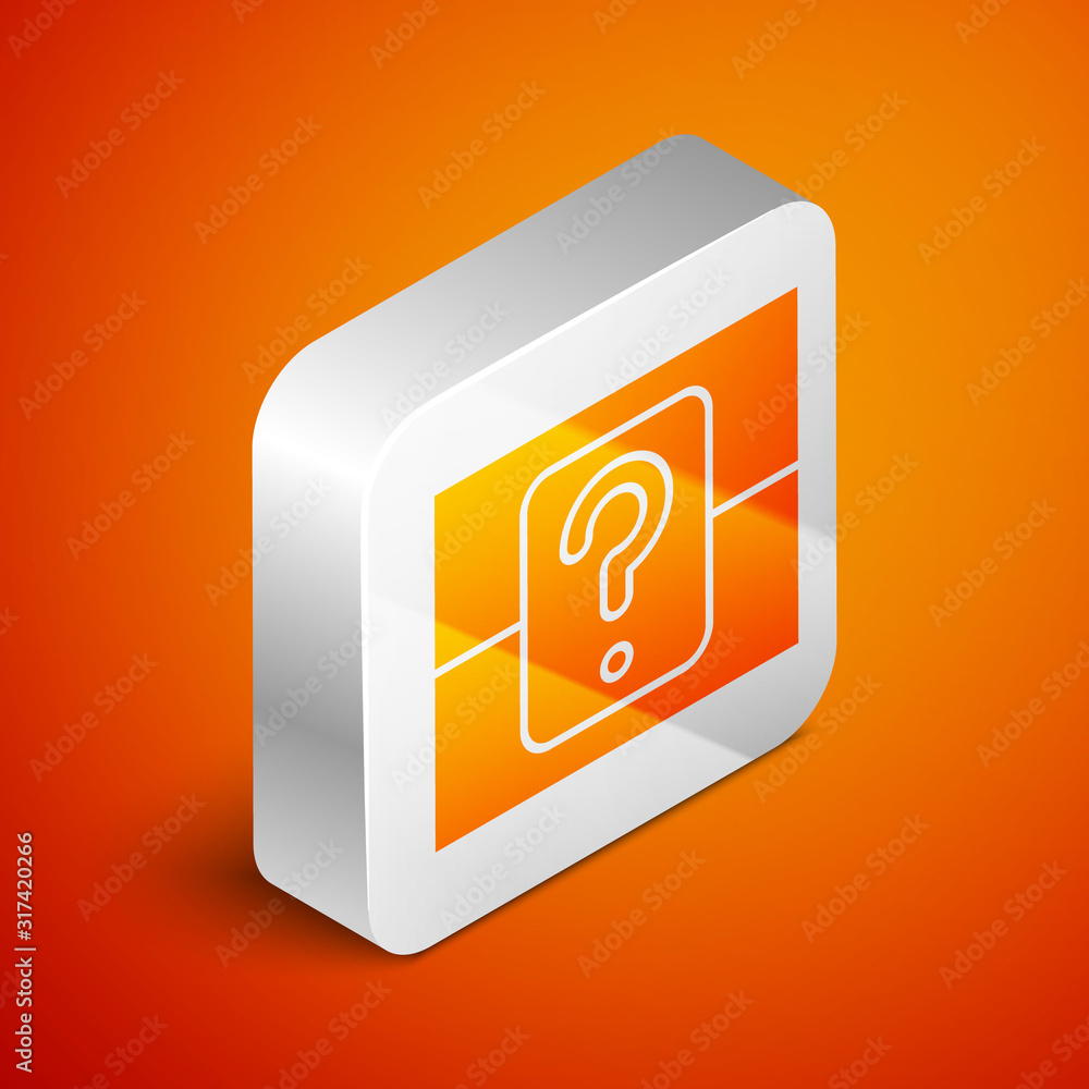 Poster isometric mystery box or random loot box for games icon isolated on orange background. question box.