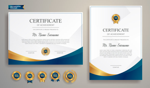 Blue and gold certificate of achievement template with gold badge and border