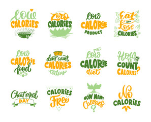 No calories, Zero calories, Low calories product. Set of vintage retro handmade badges