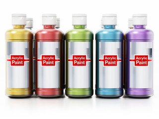 Acrylic paint bottles with color choices isolated on white background. 3D illustration