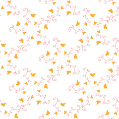 Seamless pattern with vertical red decorative elements and little yellow leaves on white background. Endless background for your design.