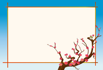 春のイメージの風景イラスト 白梅とメジロのイラストと和風の背景素材 Background Wall Mural Backgrou Globeds