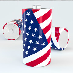 Power metaphor - United States of America flag battery isolated on white background - 3d illustration