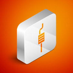 Isometric Car muffler icon isolated on orange background. Exhaust pipe. Silver square button. Vector Illustration