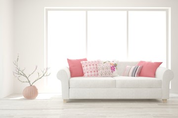 Stylish room in white color with sofa. Scandinavian interior design. 3D illustration