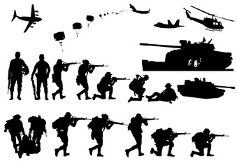 Set of military silhouettes, military vector illustration, Army soldiers,Military dog, Military silhouettes background.