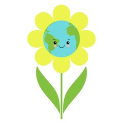 cute flower with earth planet in center. Isolated vector kawaii illustration