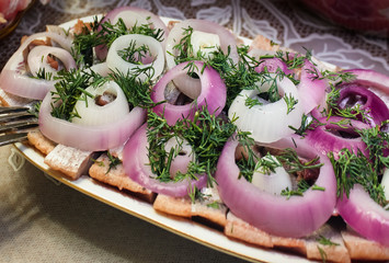 Herring pieces plate with dill and red onion rins. Pickled fish and vegetables.