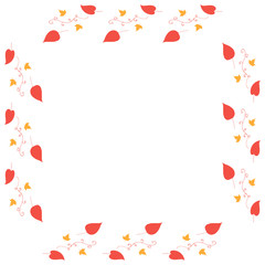 Square frame with horizontal red leaves, decorative elements and little yellow leaves on white background. Isolated wreath for your design.