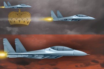 Liechtenstein air forces strike concept. Air planes attack on Liechtenstein flag background. 3d Illustration