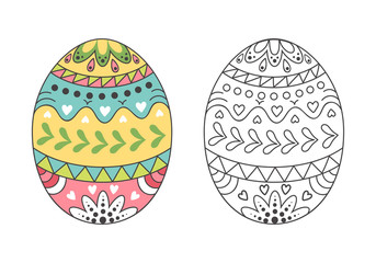 Colorful Easter egg with Doodle patterns.Egg for coloring.Spring holiday decor.Vector illustration on a white background