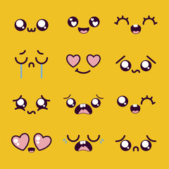 Kawaii cartoon face icon set over yellow background vector design