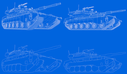 Military 3D Illustration of drawn blue print - outlined isolated 3D tank with not existing design, highly detailed patriotism concept