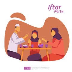 Moslem family dinner on Ramadan Kareem or celebrating Eid with people character. Iftar Eating After Fasting feast party concept. web landing page template, banner, presentation, social or print media
