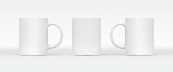 White coffee or tea cup on white background. Blank mug mock up with different sides. Empty gift...
