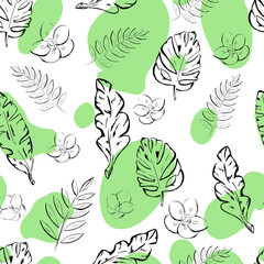 Botanical , flowers seamless pattern with stains on white background . Concept for print, wallpaper, wrapping paper
