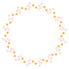 Round frame with vertical little yellow leaves and decorative elements on white background. Isolated wreath for your design.