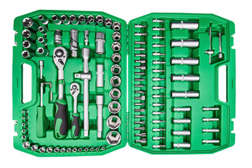 Big green toolbox set for car repair. Set of tools isolated on a white background.