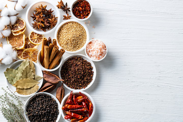 Set of spices on white background.Top view.Organic concept.