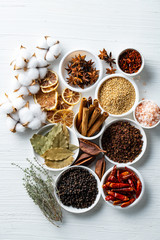 Set of spices on white background.Top view.Organic concept.