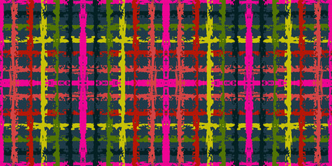 Pink Brush Tartan Vector Seamless Pattern. Yellow Vintage Grid American Design. Bright Mexican Wallpaper. Border Stroke Wallpaper.