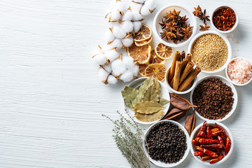 Set of spices on white background.Top view.Organic concept.