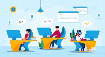 Startup Team Work, IT Business employees Trendy Flat Vector Concept. company Female and Male Workers, Programmers Office Workplaces, Team of Software Developers Writing Code Together Illustration