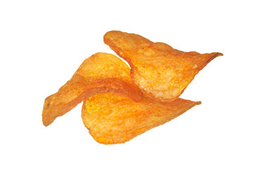 Heap of fried potato chips isolated on white background without shadow. Close-up