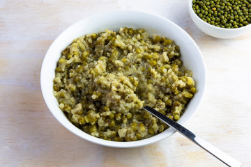 Mung bean with white rice soup which is called Nokdujuk in Korea