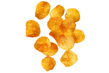 Scattered fried potato chips isolated on white background without shadow. Top view