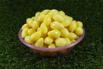 Plastic basket of fresh organic ginkgo on the grass field. Group of raw peeled yellow ginkgo. Famous material in food and medicine. Traditional Main ingredient in Chinese New year or ceremony food. 