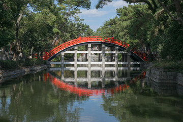 Red bridge at Sumiyoshi-taisha temple, Osaka, Japan