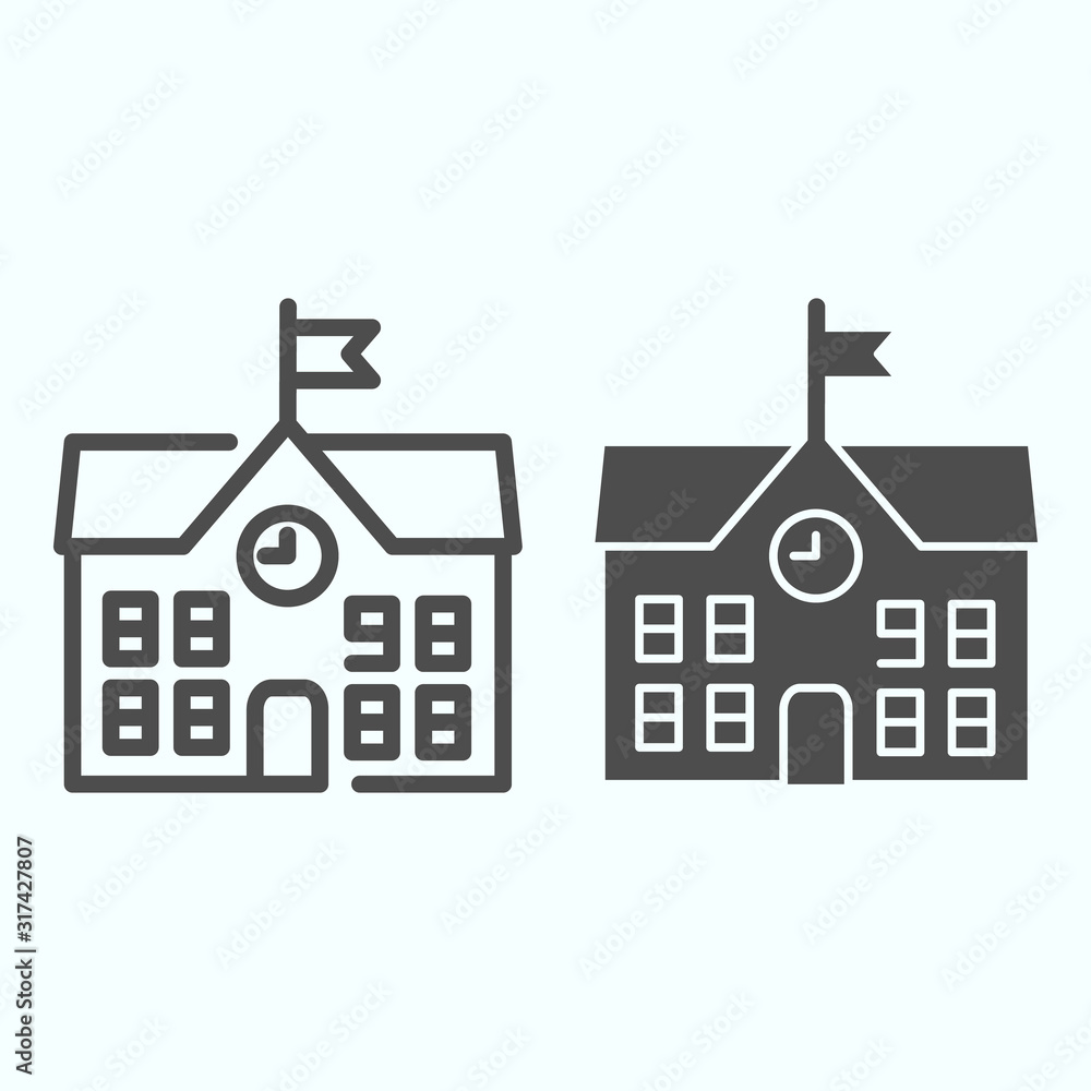 Poster school line and solid icon. school building vector illustration isolated on white. building with clo