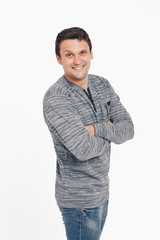 the concept of advertising clothes, fashion show-men's hoodies, shirts on a white background. Ornament and colors, decorative elements: stripes, locks, patches. Copy space