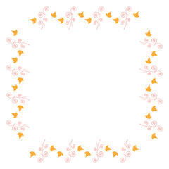 Square frame with vertical little yellow leaves and decorative elements on white background. Isolated wreath for your design.